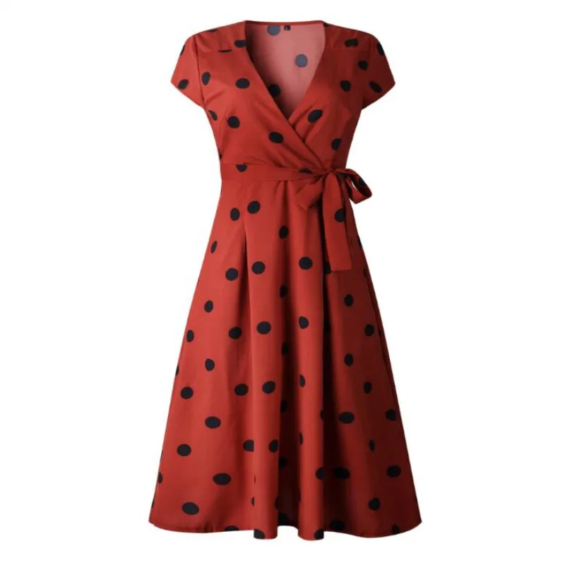 

Women Polka Dot Midi Dress Boho Evening Party Summer Beach Long Sundress V Neck Casual Dress