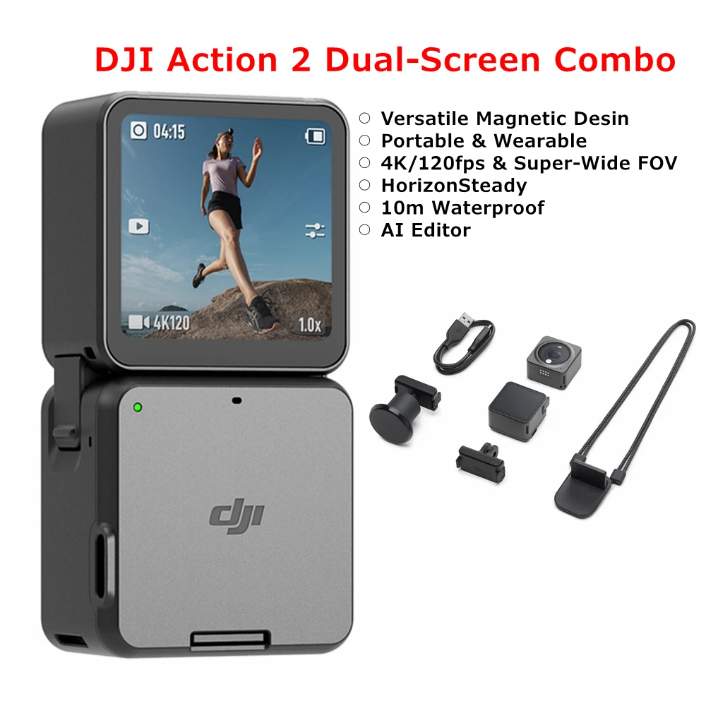 Оригинальная Спортивная камера DJI Action 2 Power Combo с двойным экраном 4K 120fps 155 ° супер