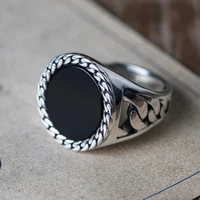 new 100 solid s925 silver lotus pattern inlaid with black agate fashionable man ring with personality