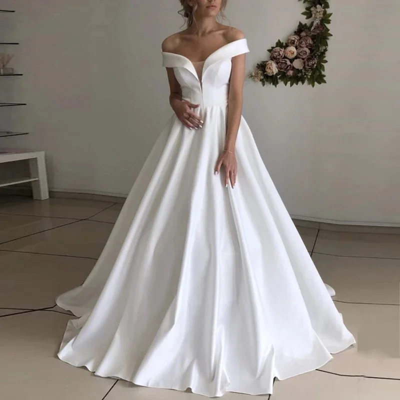 

White Ivory Off the Shoulder Wedding Dresses 2020 Satin vestido de noiva Back Lace Up Sleeveless Wedding Dress Floor Length