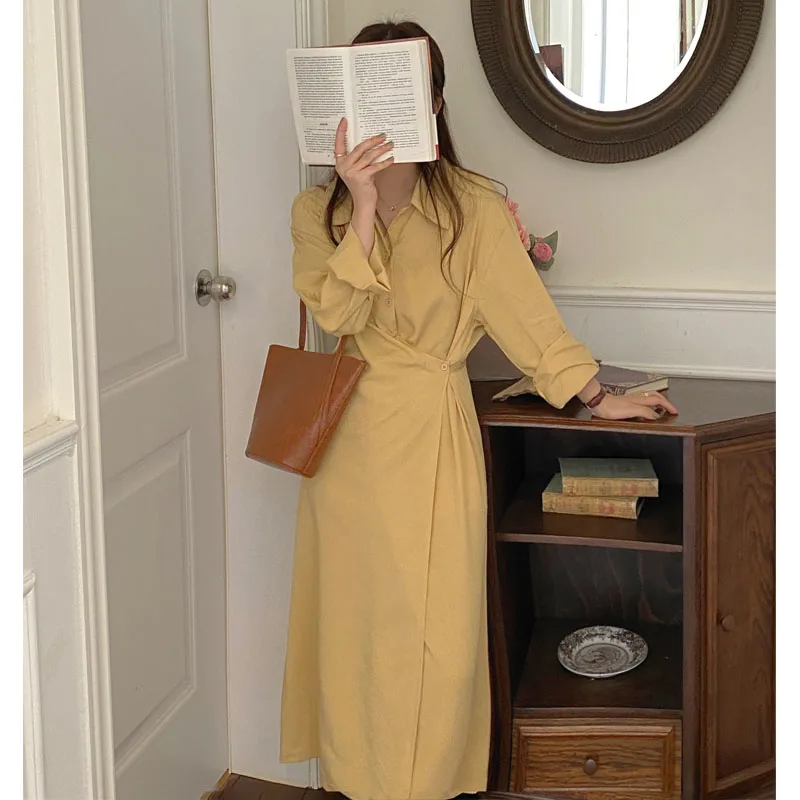 

Korea Chic Autumn Casual Trend Women Solid New Lapel Single Button Loose Fashion Long-sleeved Shirt Dress 2021 3337#