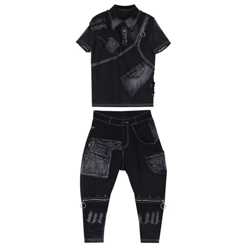 New High Street Women Two Piece Set Patchwork Denim Matching Sets Punk Style Zipper Harem Pants Short Sleeve Tops Summer Outfits