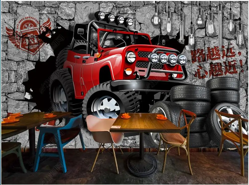

3d фотообои на заказ, Ретро Фреска, красный внедорожник, разбиваемая стена, Декор Спальни, 3d настенные фрески, обои для стен в рулонах