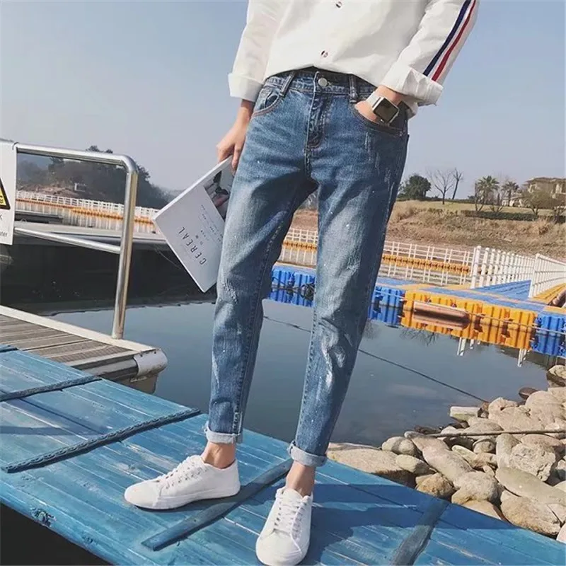 

Джинсы мужские облегающие до щиколотки, модные джинсовые штаны, корейский тренд, чернильная струя, нищие, весна-осень 2022
