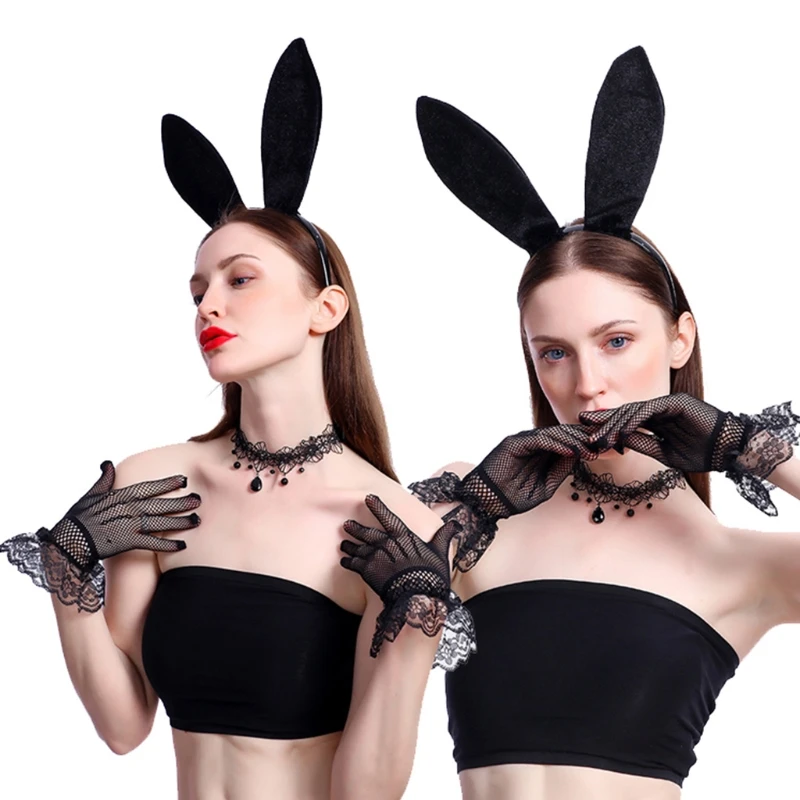 

3Pcs Women Velvet Bunny Ears Headband Lace Choker Necklace Fishnet Gloves Set