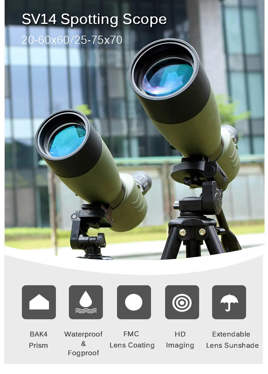 SVBONY 20-60x60/25-75x70mm Зрительная труба SV14 зум телескоп BAK4 призма Водонепроницаемый охотничий Монокуляр+ телефонный адаптер F9310 для охоты, стрельбы, стрельбы из лука, наблюдения за птицами