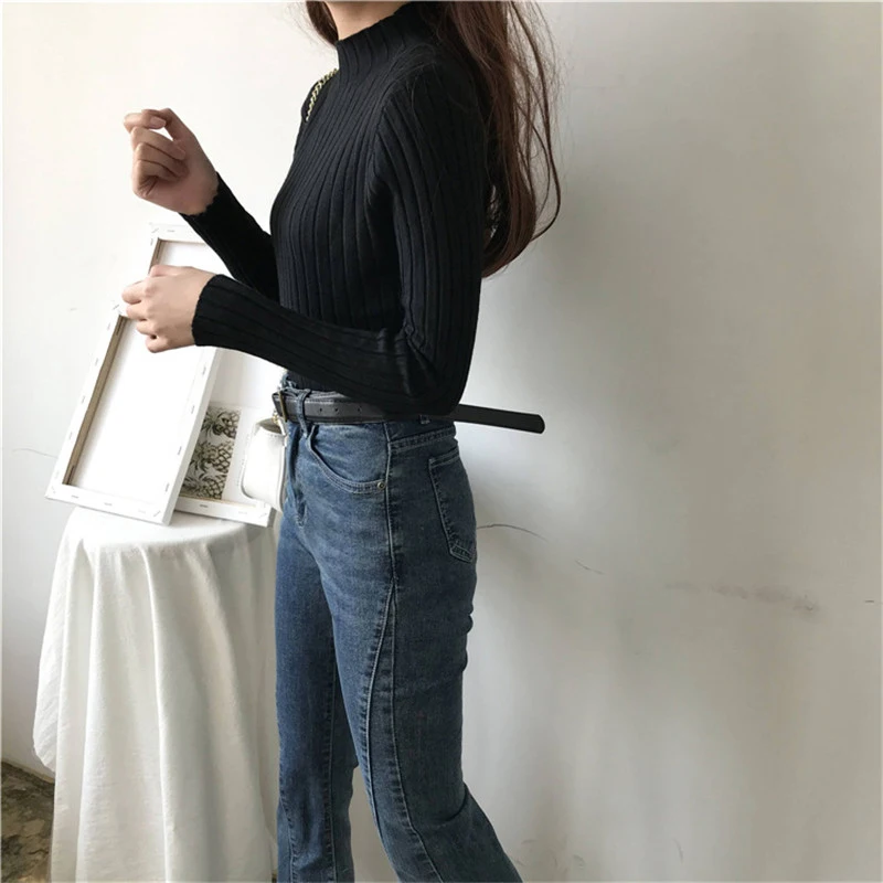 Женский свитер с высоким воротником черный вязаный пуловер длинным рукавом