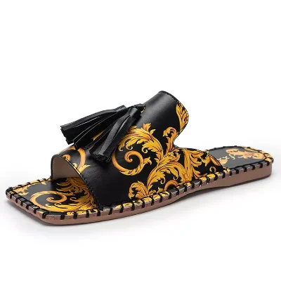 

LLOGAI Women Slippers 2021 New Fashion Tassels Summer Shoes Brand Beach Slides Retro Mules Shoes for Women Flat Slipper Outdoor