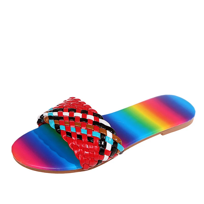 

Women's Summer Rainbow Woven Slippers Ladies Flat Shoes Outdoor Fashion Mixed Color Female Beach Leisure Shoes Plus Size Ladies