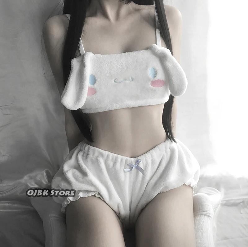 OJBK, сексуальные костюмы AnimeCosplay, бюстгальтер с длинными ушами и панталоны, розовый и белый, Kwaii, бархатный топ-труба и трусики, комплект для девочек