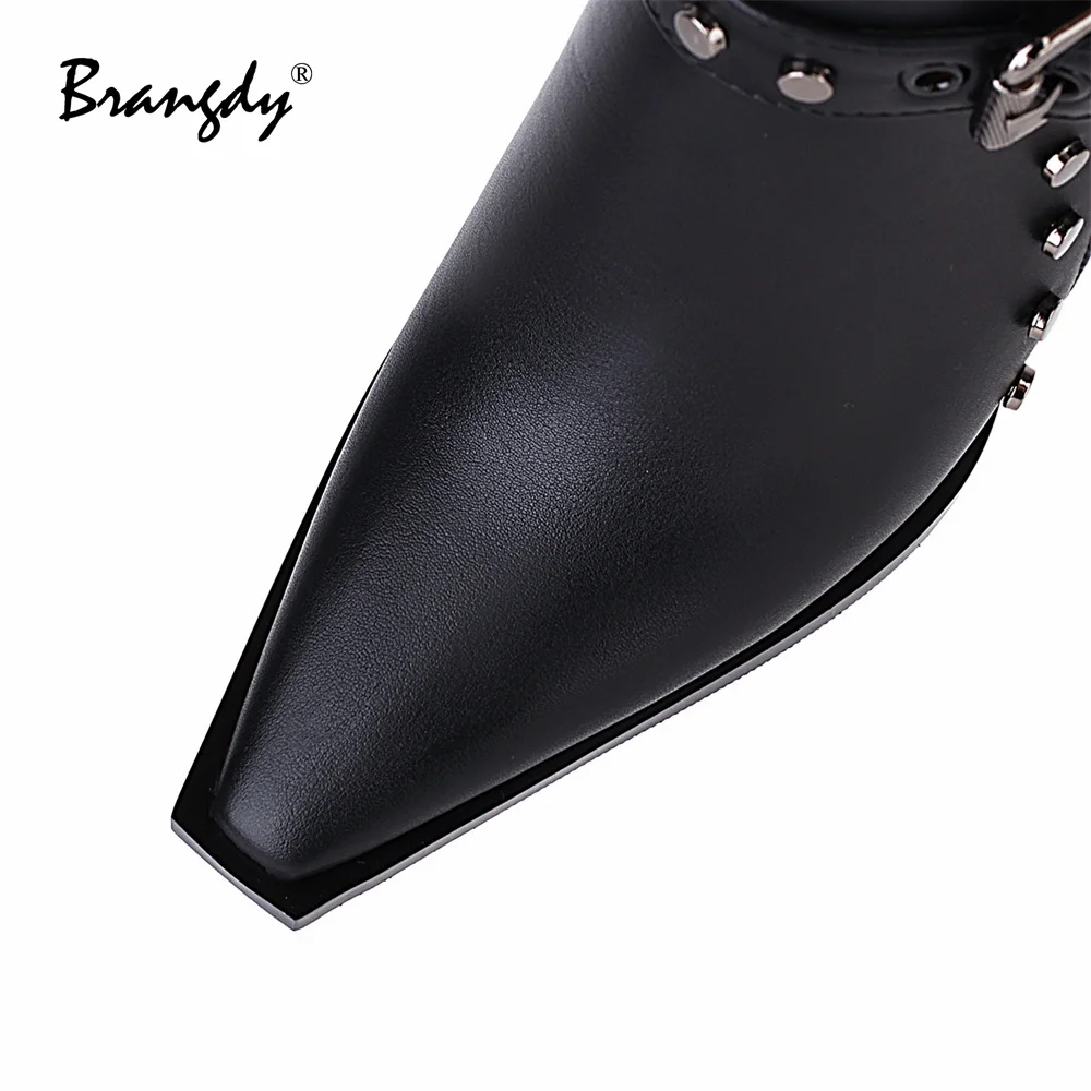 Brangdy Fashion Women Knee Hight Boots PU Leather Belt Buckle Rivet Women Winter Shoes Square Toe Zipper Women Square Heel Pumps