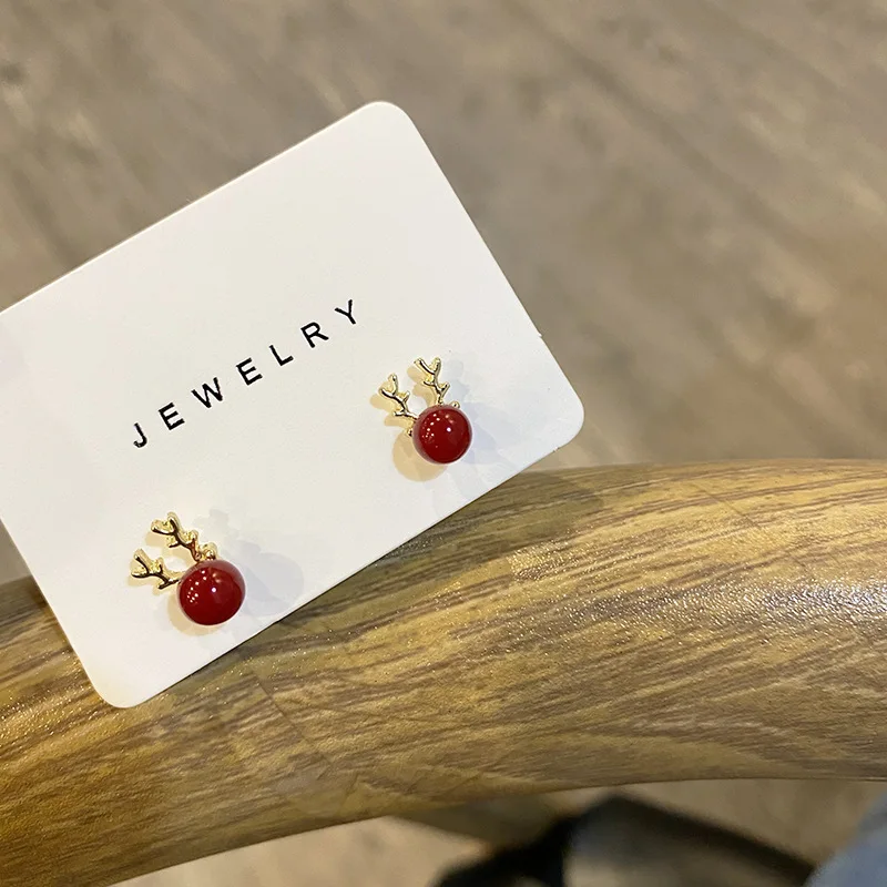 

S925 Silver Needle Christmas Earrings New Year Little Elk Antlers Cute Red Bean Earrings Student Wild Red Earrings