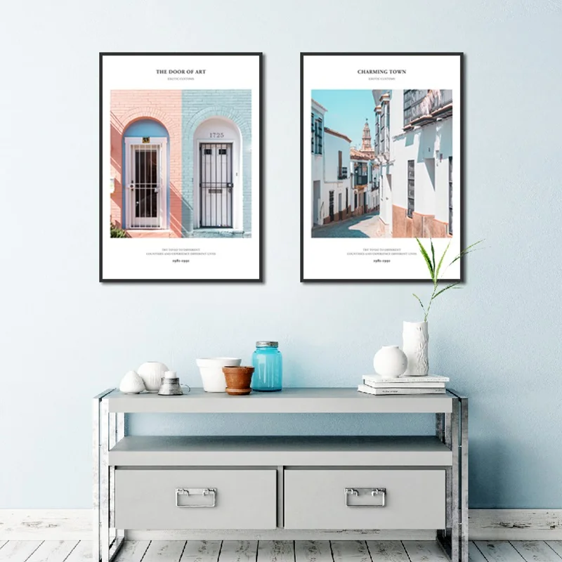 

Nordic Style Pink Blue Building English Motivational Quotes Roof Architecture Landscape Fashion Print Canvas Poster