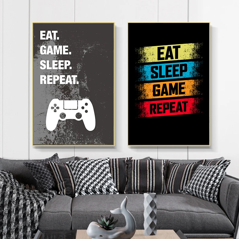 

Eat Sleep Game Repeat Gaming Wall Art Poster Gamer Canvas Painting Poster and Prints for Boys Room Decorative Picture Playroom