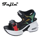 Женские босоножки на танкетке Fujin, пляжные сандалии с открытым носком на толстой подошве, летняя обувь, 2020