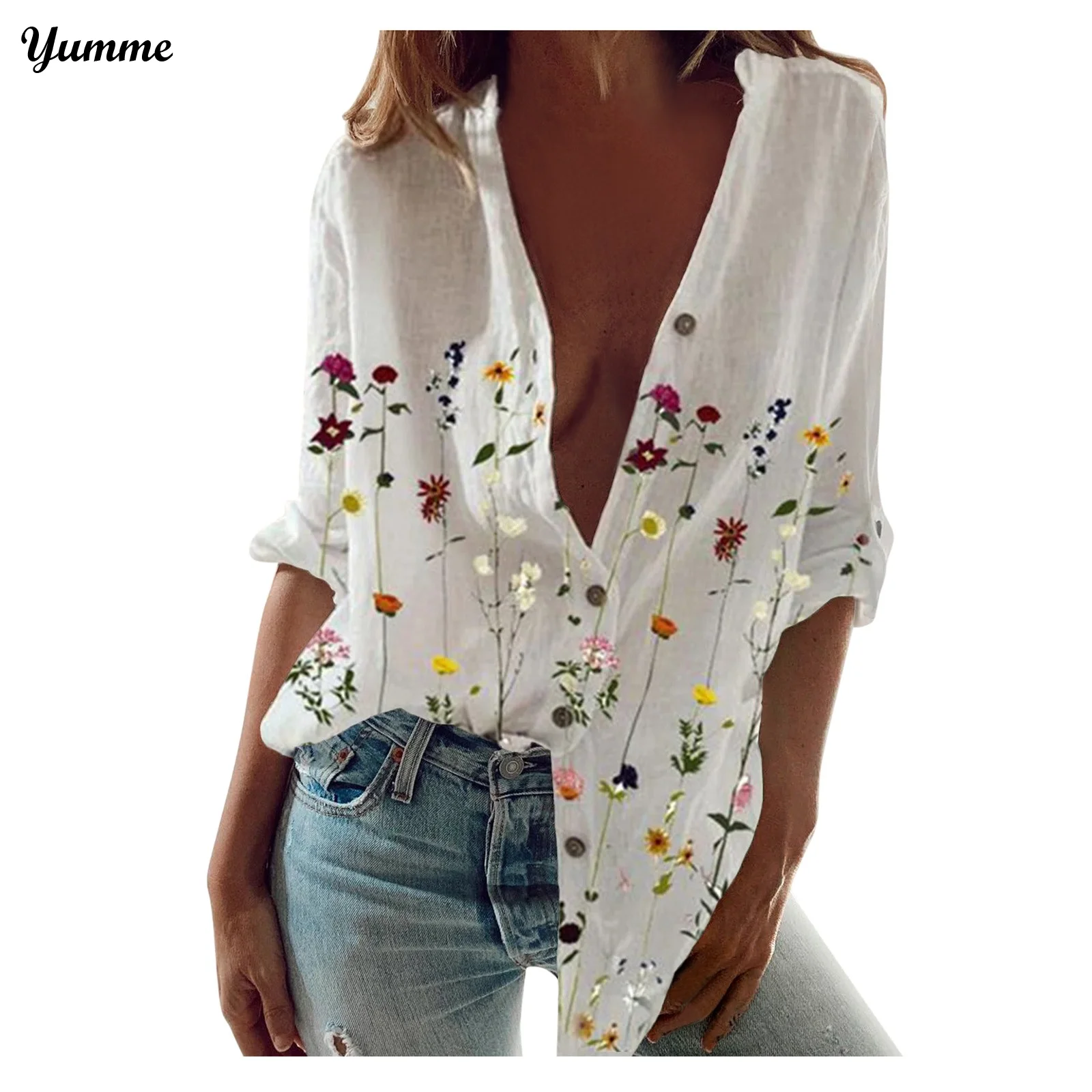 

Блузка женская с длинным рукавом, цветочным принтом и отложным воротником