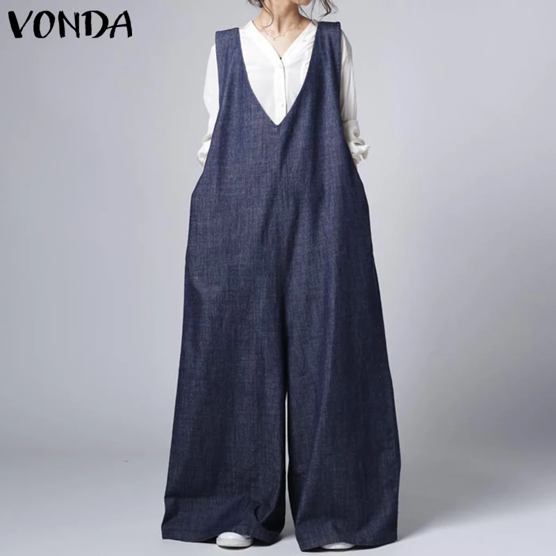 

Женский винтажный комбинезон VONDA, повседневный Длинный комбинезон с пуговицами, длинные брюки, 2021