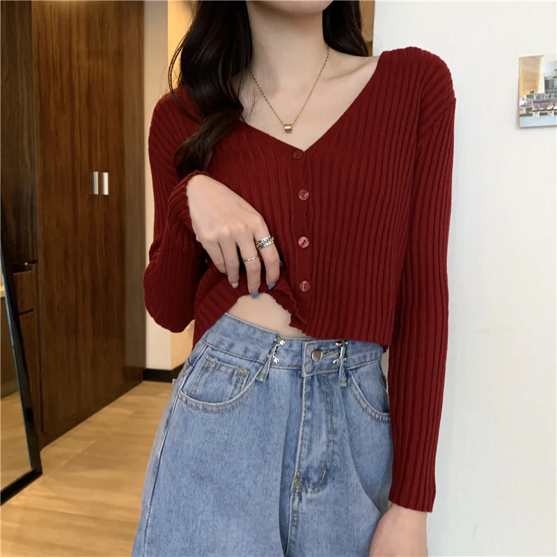 

Шикарный короткий топ с брюками с завышенной талией, приталенный, модель 2021 года, Ранняя осень, тонкий дизайн, популярный вязаный кардиган д...