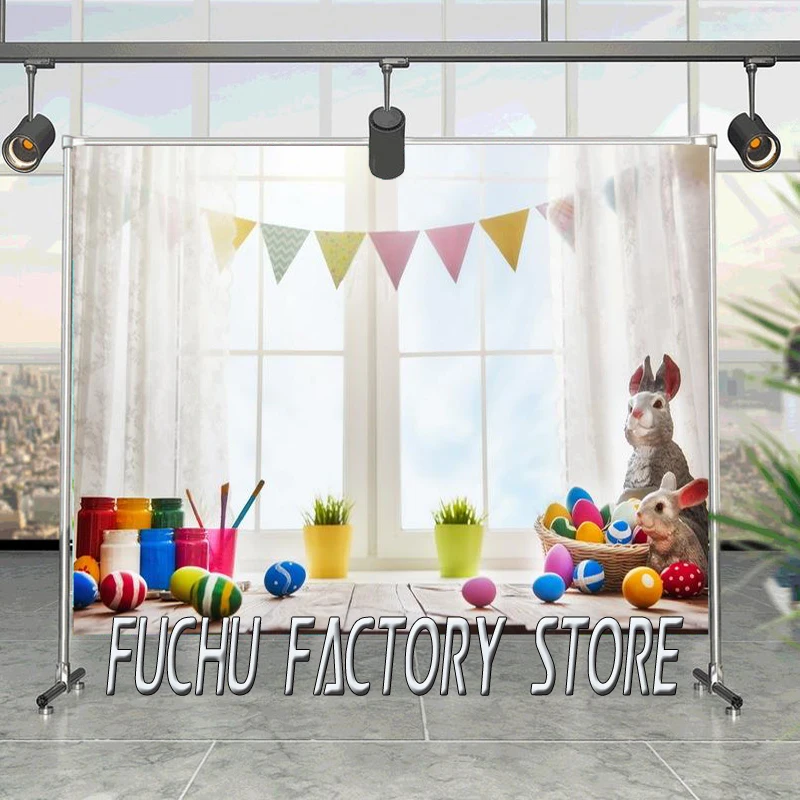 

Easter Bunny Hanging Egg Colorful Paint Background Children Holiday Party Decoration Photography Studio Digital Photo Backdrop