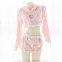 japanese lolita sweet girl bunny pajamas set kawaii cat paw sexy bunny plush homewear pink cropped hoodies rabbit sleepwear