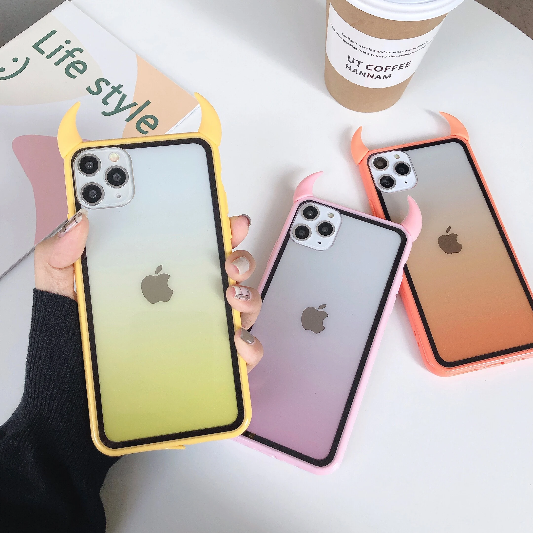 Rainbow Gradient Cute Devil Horn Case For iPhone 11 Pro Max XS XR X 6 6S 7 8 Plus Protective Acrylic Phone Back Cover Cases |