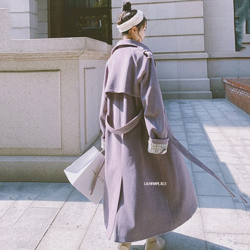 

2021 New Winter Wool Belt Coat Women Warm Outerwear Ladies Long Trench Coats Elegant Female Office lady Korean Fashion Clothing