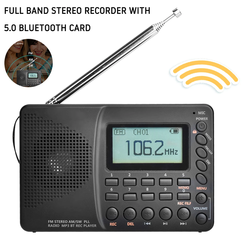 Портативное радио с Bluetooth FM AM SW MP3 цифровой рекордер поддержка Micro SD TF карты таймер
