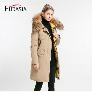 Женская длинная зимняя куртка EURASIA, новая брендовая стильная парка с воротником из натурального меха, плотная верхняя одежда с капюшоном, Y170022, зима