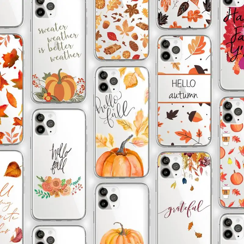 

Pumpkin happy fall Fallen leaves Phone Case Transparent soft For iphone 12 11 13 7 8 6 s plus x xs xr pro max mini