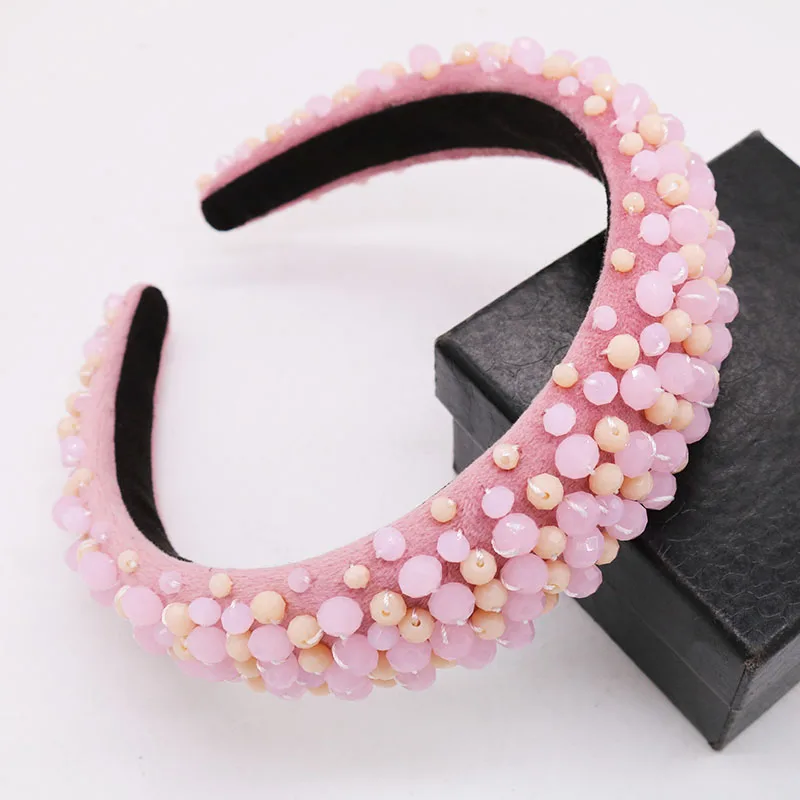 Лента для волос широкая бархатная ручной работы с кристаллами и жемчужинами