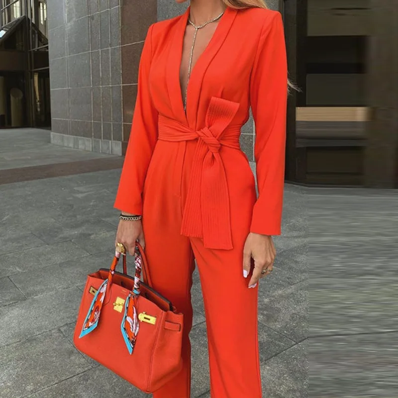 

Spring and Autumn One-Piece Suit Pants European and American Lace V-neck Women's Pants