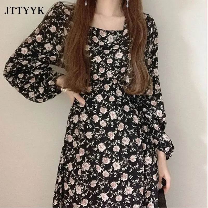 

2021 Spring Summer Long sleeve Casual Dress Woman Print Floral Dress A-Line V-neck Chiffon Dresses For Women Vestido Sundress