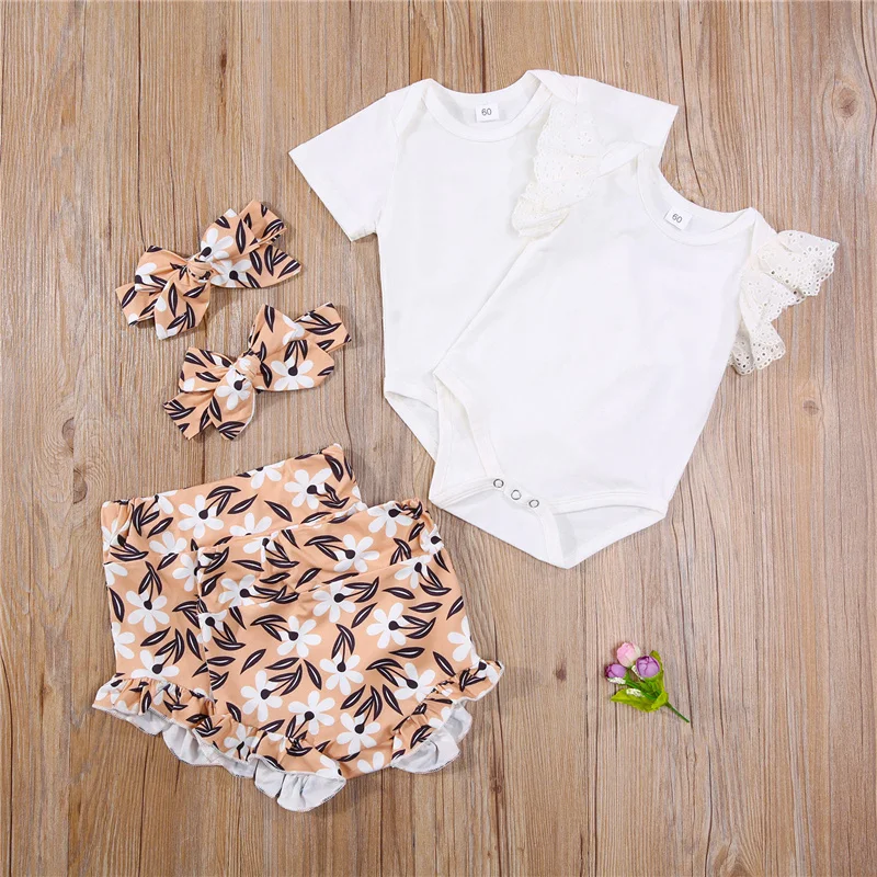 

Baby Girls Summer Casual Clothes 3 Pcs, Toddler Fresh Solid Color Fly/Short Sleeve Bodysuit + Flower Short Pants + Headband