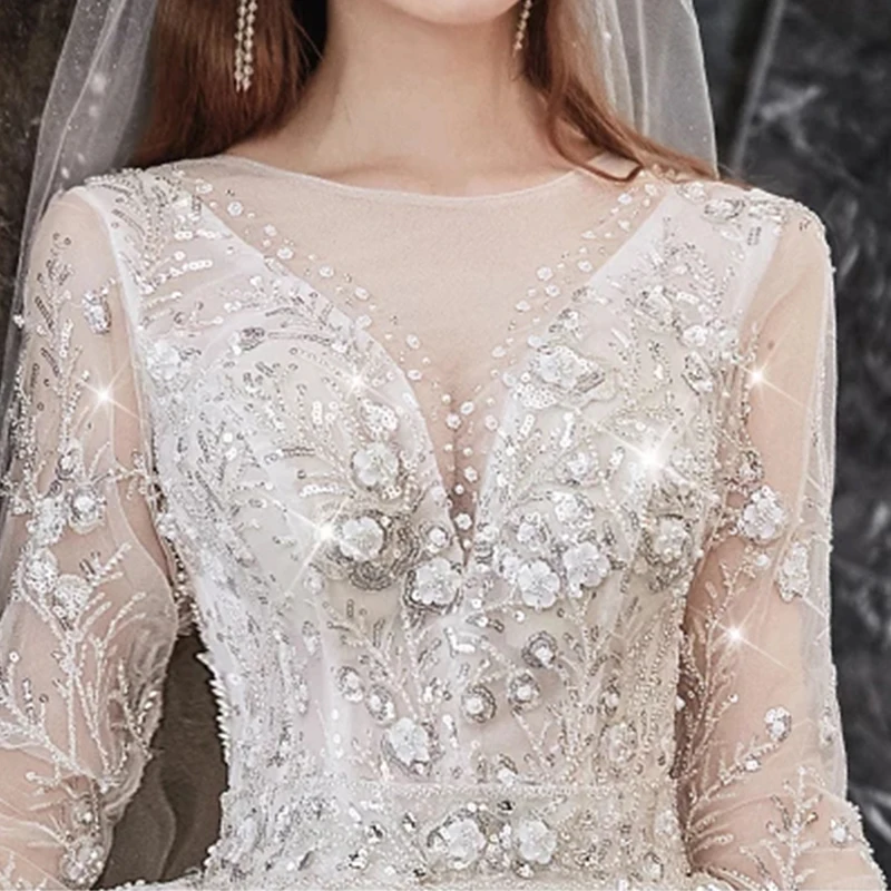 

Wedding Dresses Illusion O-Neck Full Sequined Beading Backless Lace Tulle Luxury White Vintage Elegant Women Bridal Gown GB388