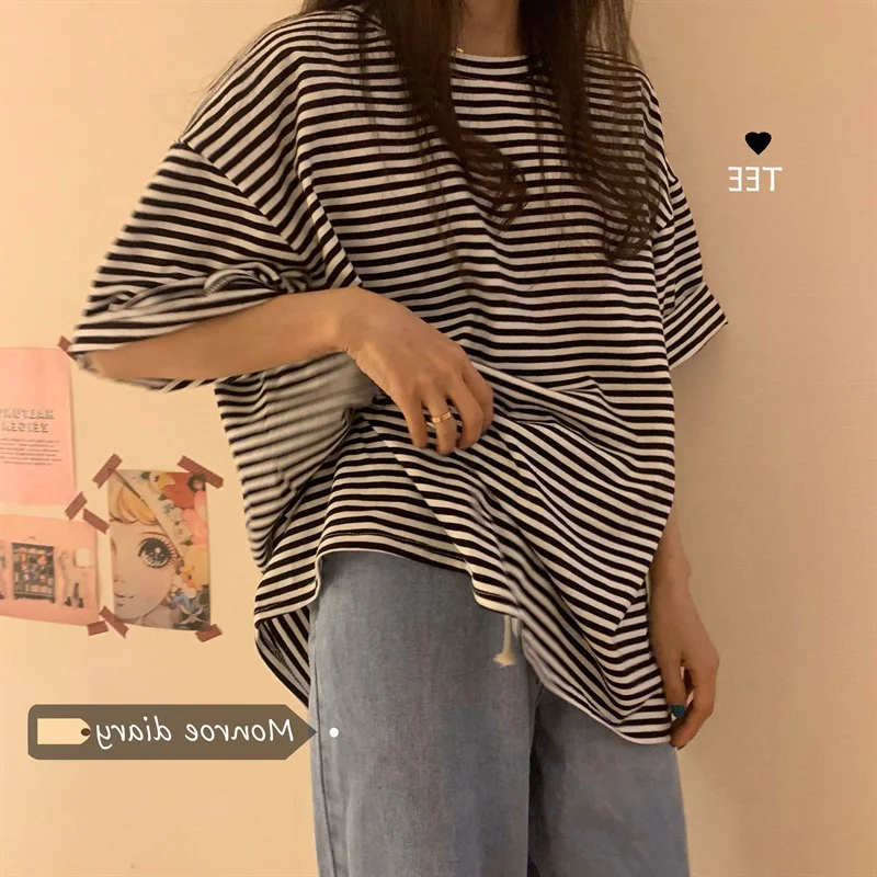 Женская Полосатая футболка с коротким рукавом в гонконгском стиле свободная