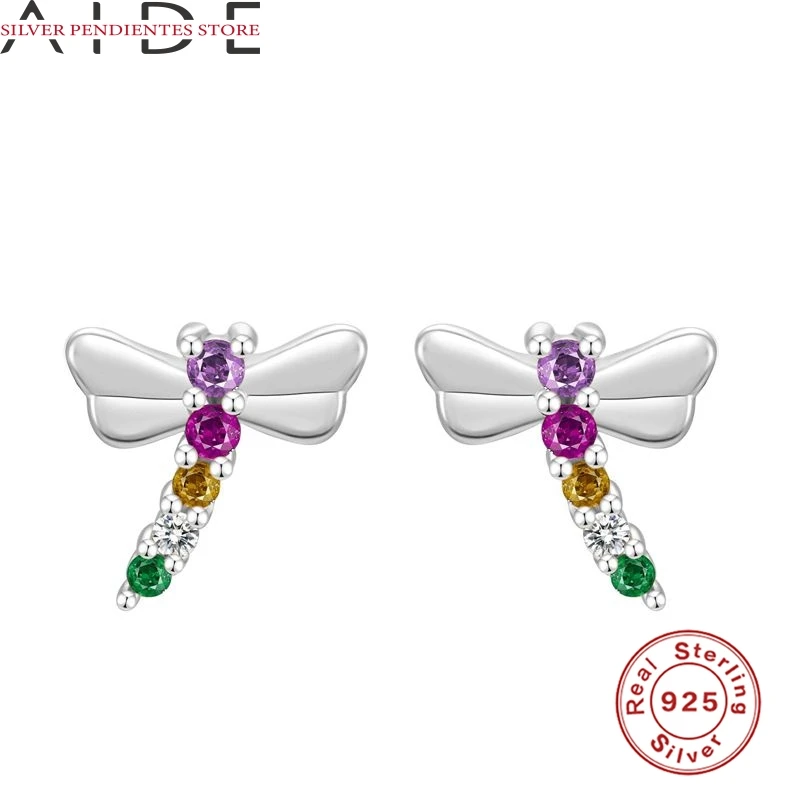 

AIDE 925 Sterling Silver Stud Earrings For Women Fashion Jewelry Dragonfly Shape Color Diamond Earrings Pandora 925 Original