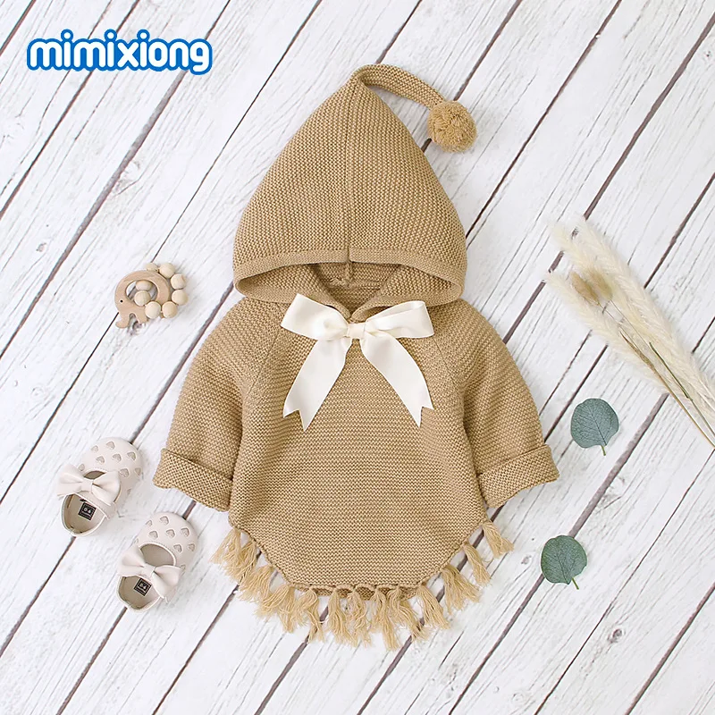 Свитер с бантом для маленьких девочек демисезонные вязаные куртки капюшоном модные пальто бахромой