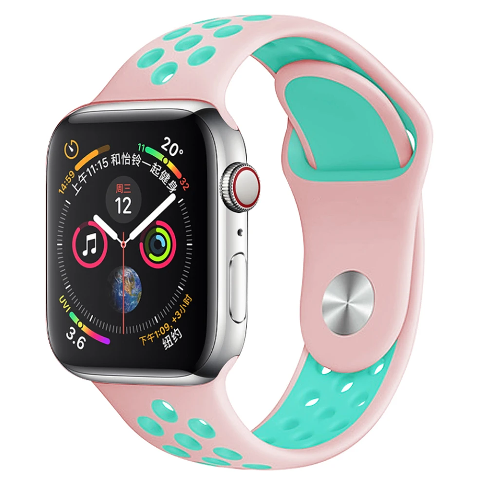 Pink with green Мягкий силиконовый сменный спортивный ремешок для Apple Watch, 38 мм, 40 мм, серия 1, 2, 3, 4, 5, 42 мм, 44 мм, браслет на запястье, ремешок для iWatch Sports - Цвет ремешка: Pink with green