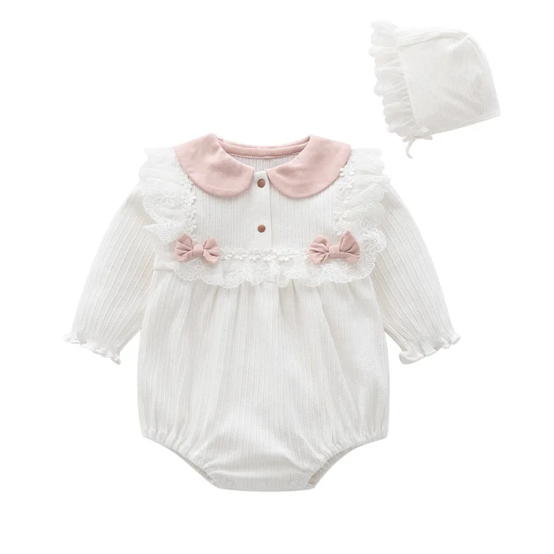 

2 Pcs Spring Girls Romper Princess Lace Bow Doll Collar Autumn Jumpsuit+hat Newborn Baby Infant Sweet One Year Birthday Outfits