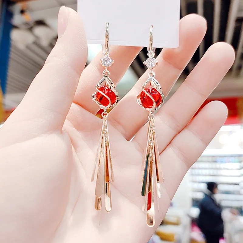 

2021 Red Earrings Female Fashion Super Fairy Long Tassel Earrings Face Is Thin and Wild Earrings