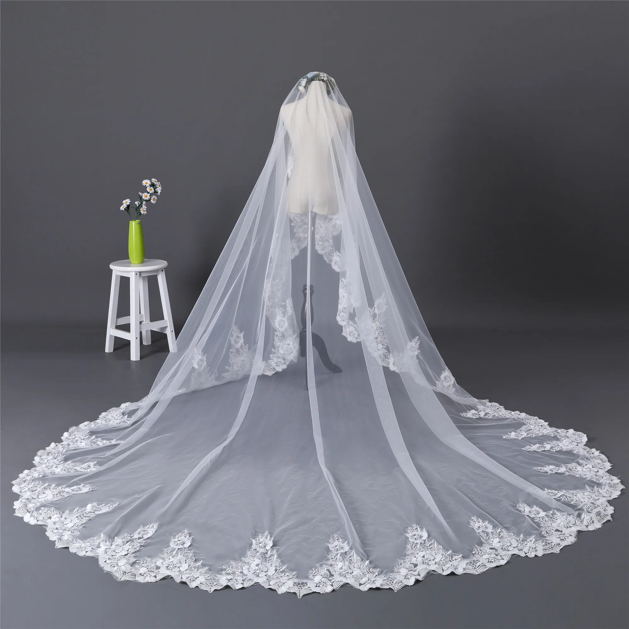Erosebridal Новое поступление 2019 Соборная 350 см Фата невесты Кружевной Край вуаль