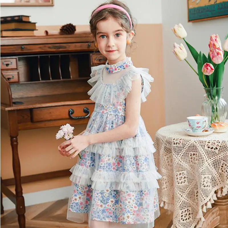 

Summer Lace Layered Dress For Girls Children Birthday Wedding Prom Party Gowns Mesh Floral Print Princess Dresses 3-14 Years