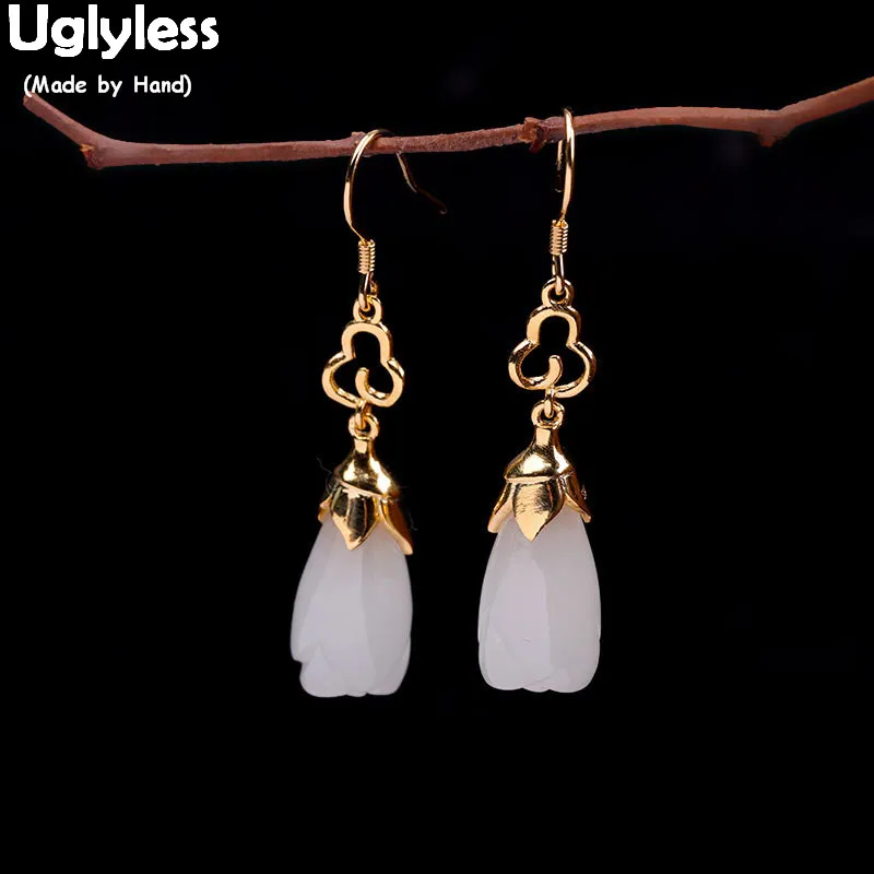 Женские серьги из серебра 925 пробы с натуральным белым нефритом|Серьги-подвески| |