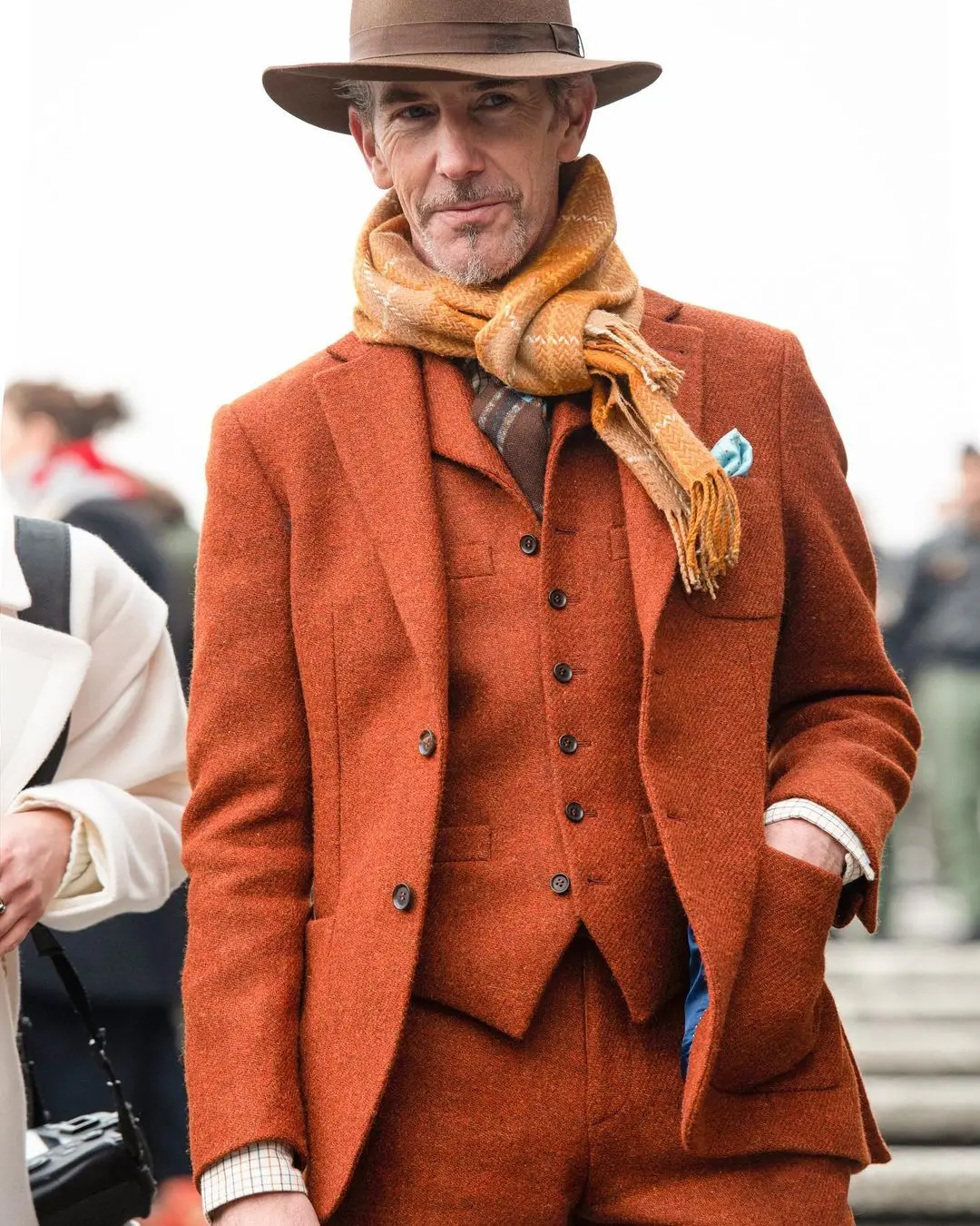 (Пиджак + брюки жилет) зимнее Мужское пальто оранжевый твидовый облегающий