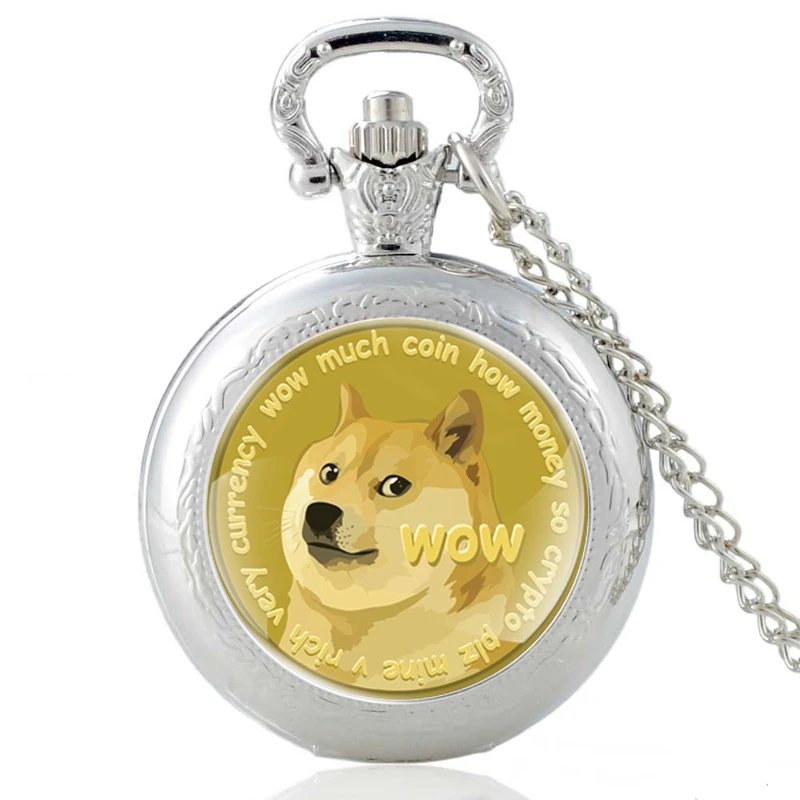 Античный милый черный дизайн Dogecoin стеклянный кабошон кварцевые карманные часы