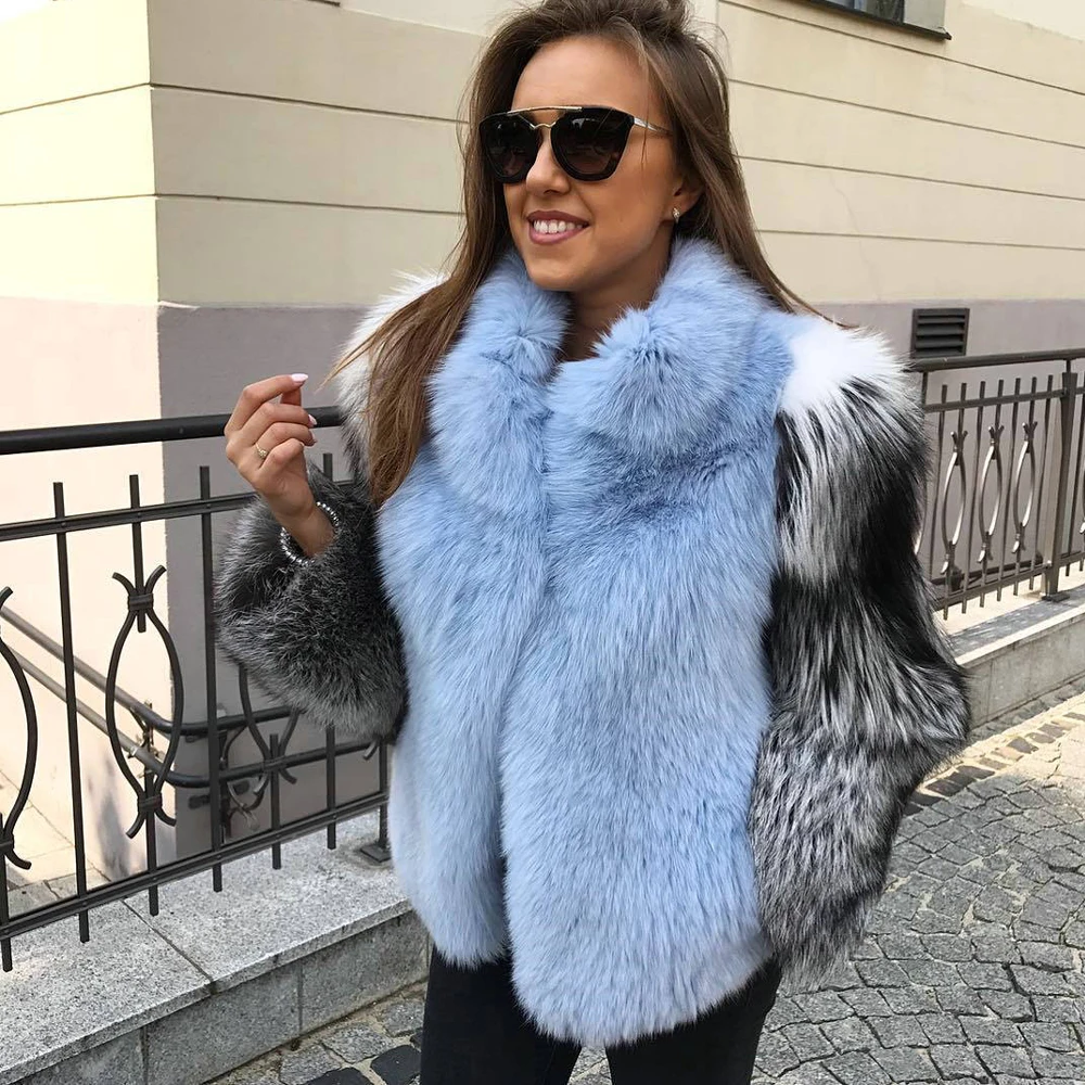 Light Blue Natural Fox Fur Jacket with Silver Fox Fur Sleeves Natural Women Whole Skin Genuine Fox Fur Jacket Stand Collar Coats