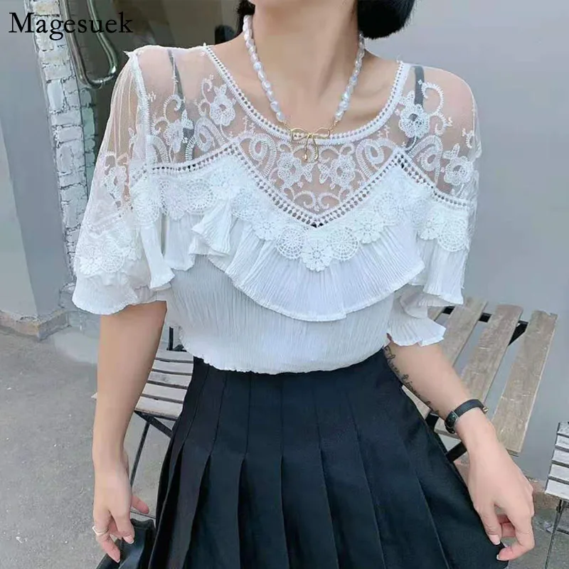 

Elegant Sweet Women Tops Summer New Transparent Short Sleeve Elegant Chiffon Blouse Lace Ruffle Stitching Pleated Shirt 14815