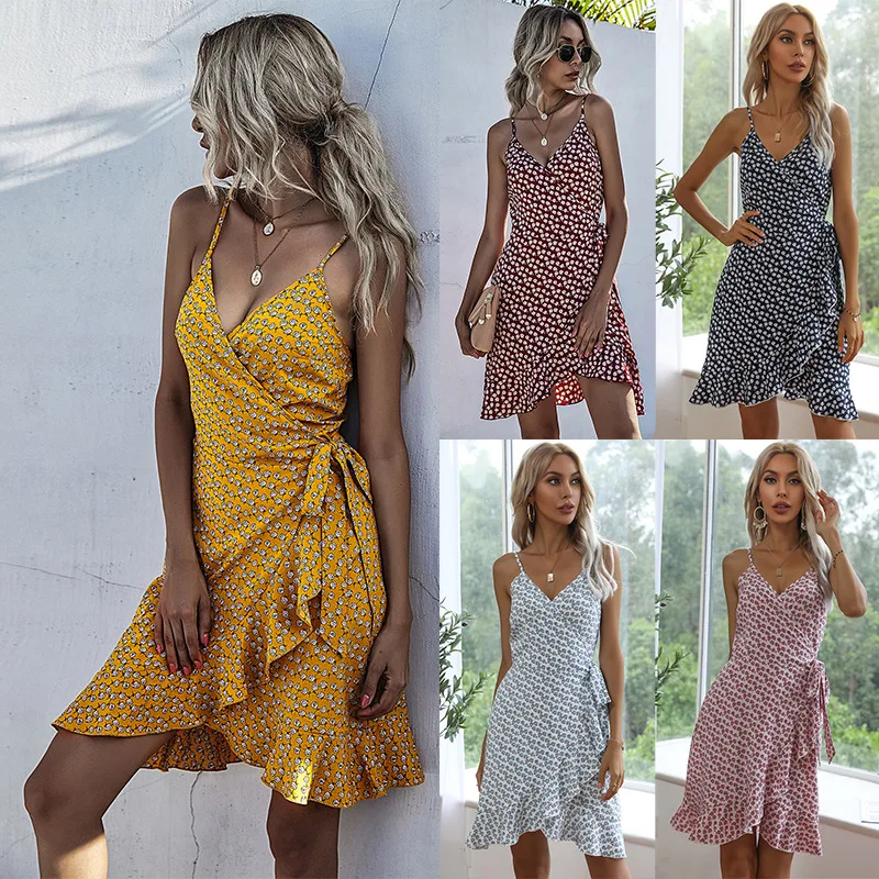 

Summer Wrapped Yellow Dress Women Cross Print Irregular Ruffle Camis Strap Floral Casual Party Vintage Evening Mini Dresses