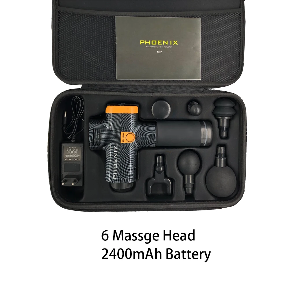 2400mAh 6Head Black Феникс А2 пистолет для массажа Мышц Массажер для глубоких тканей терапия пистолет для тренировки боли в мышцах коррекция фигуры - Цвет: 2400mAh 6Head Black