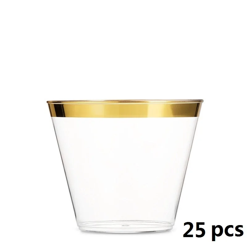 Gold 25pcs 25 шт/50 шт, розовое золото, пластиковые стаканы, одноразовые стаканы, золотые стаканы, свадебные, вечерние, декоративные, прозрачные, золотые стаканы для напитков, 9 унций - Цвет: Gold 25pcs